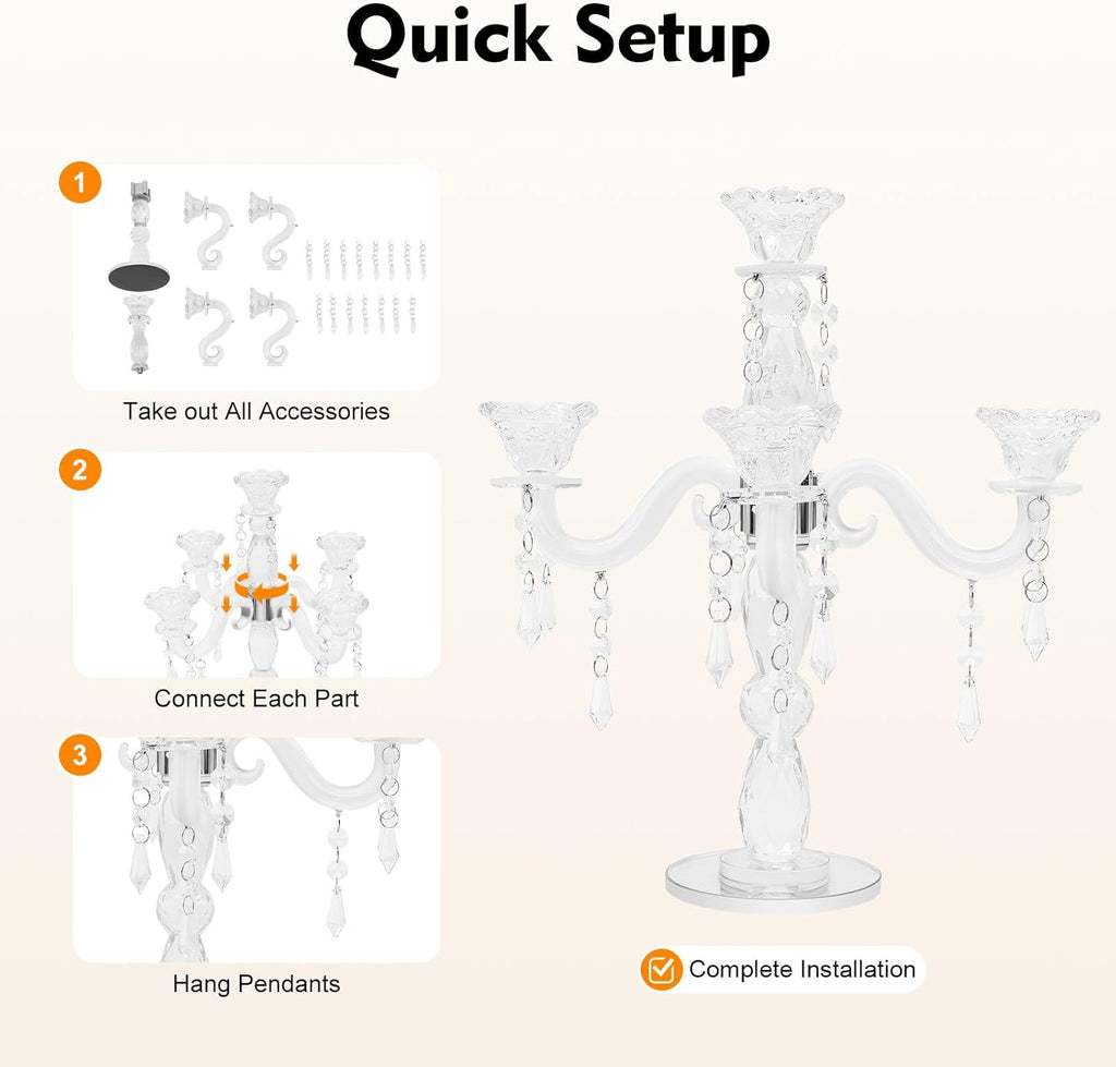 5-Candle Crystal Candelabra, 14 Inch Tall 5 Arms Candle Holder Glass, Wedding Taper Candlestick Holder