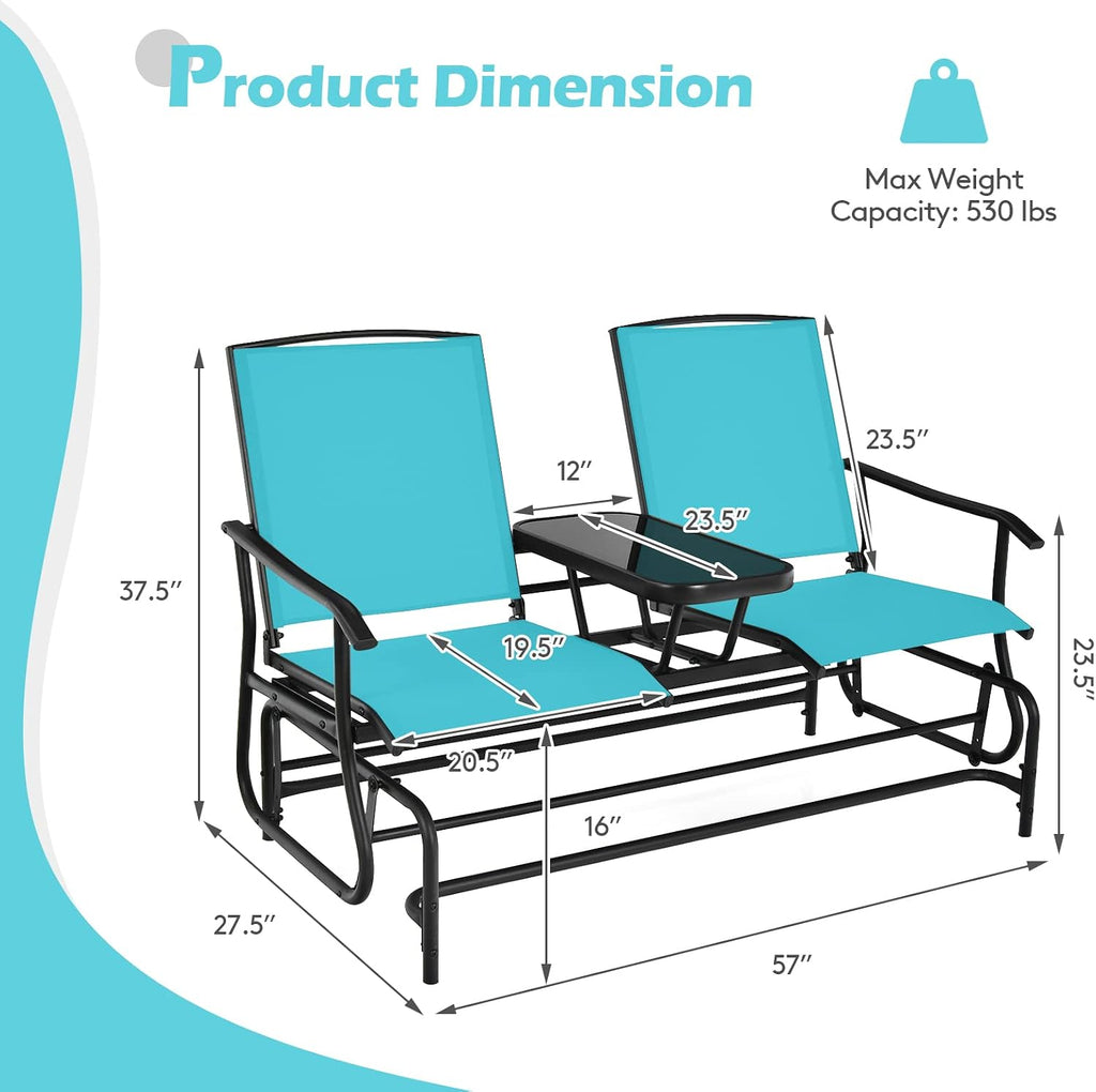 2 Person Outdoor Glider Bench w/Tempered Glass Table, Swing Patio Glider Chair with Steel Frame & Breathable Seat