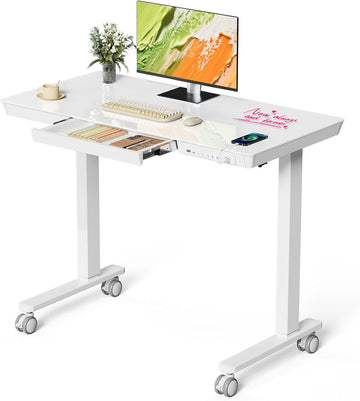 40" Glass Standing Desk with Drawer, Electric Stand up Desk | Height Adjustable Desk with One-Piece Tabletop & USB