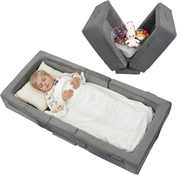 Portable Toddler Travel Bed with Soft Foam Safety Rails | Foldable Floor Bed for Kids Ages 25 Months to 48 Months, No
