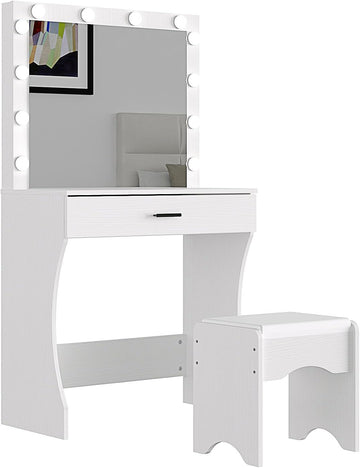 Vanity Desk with Mirror and Adjustable Lights, One Drawer Storage Makeup Table with Stool - Vanity Set (White)