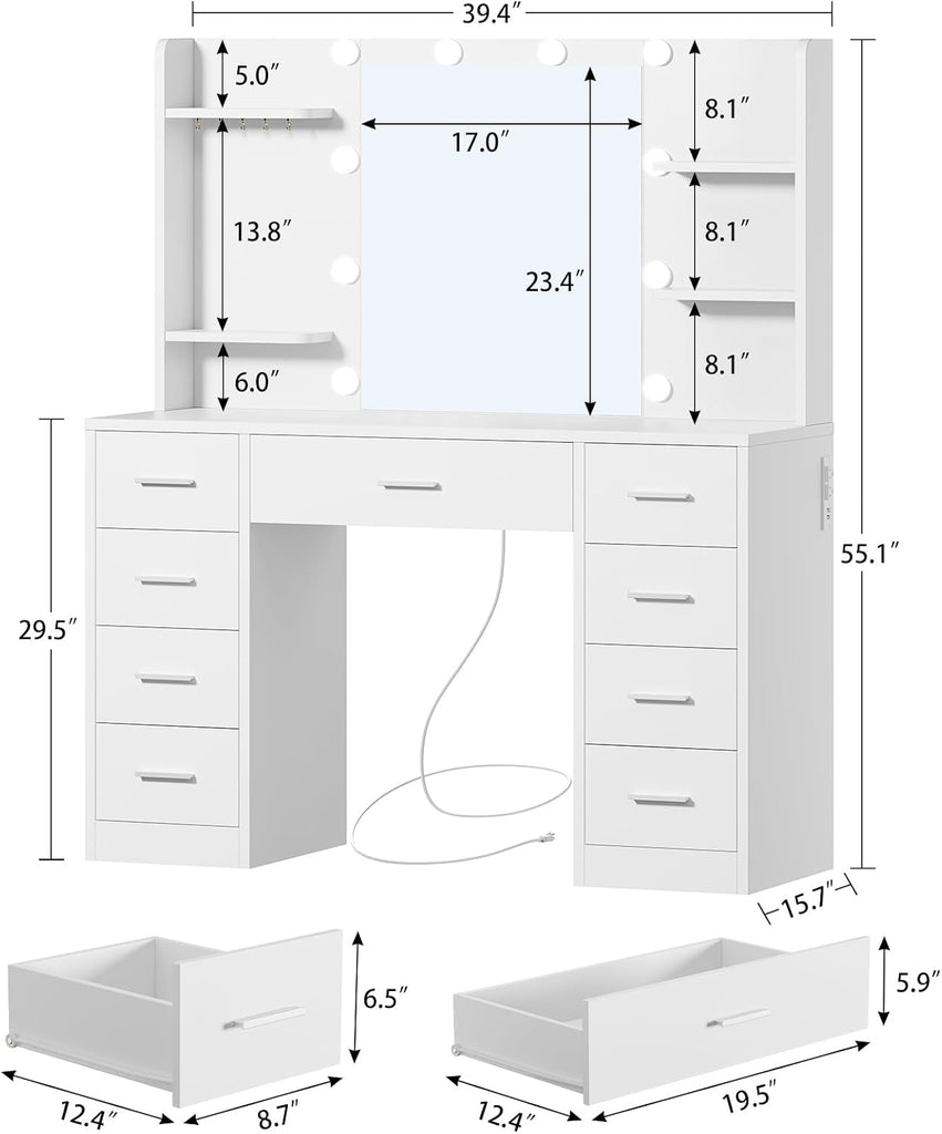 Vanity Desk with Mirror and Lights, Makeup Vanity with 9 Drawers, 4 Shelves & 5 Jewel Hooks, White Vanity with Outlet