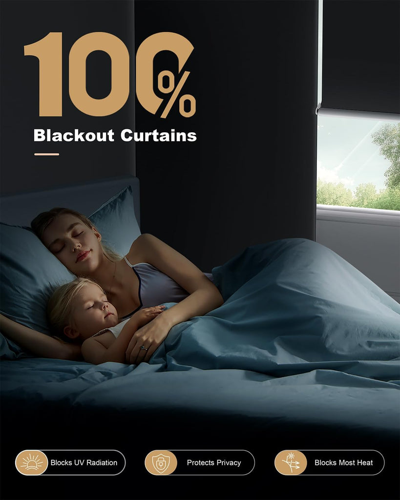100% Blackout Roller Shades, Cordless No Tools No Drill Blinds Windows, Thermal Insulation UV Protection, Easy