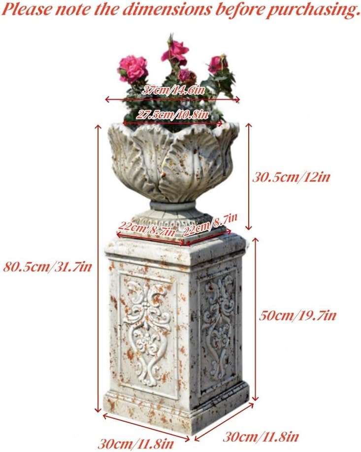 Outdoor Magnesium Oxide Urn Planter, Retro Distressed Flower Pots | Pedestal Planter with Embossed Design