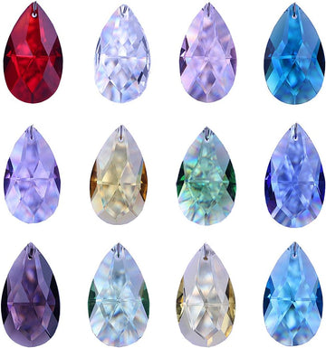 12 Pcs 38mm Multi-Color Crystal Prism Suncatcher Window Decor - Multi-Color Feng Shui Faceted Crystal Grid Prism 38mm