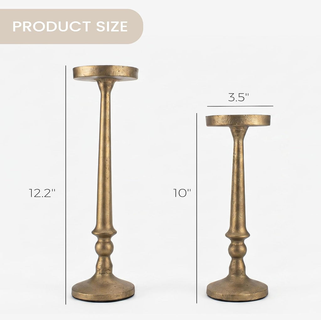 Vintage Iron Pillar Candle Holders Set of 2 12.2" & 10" Tall Candleholders - Rustic Brass Candle Stands - Dining