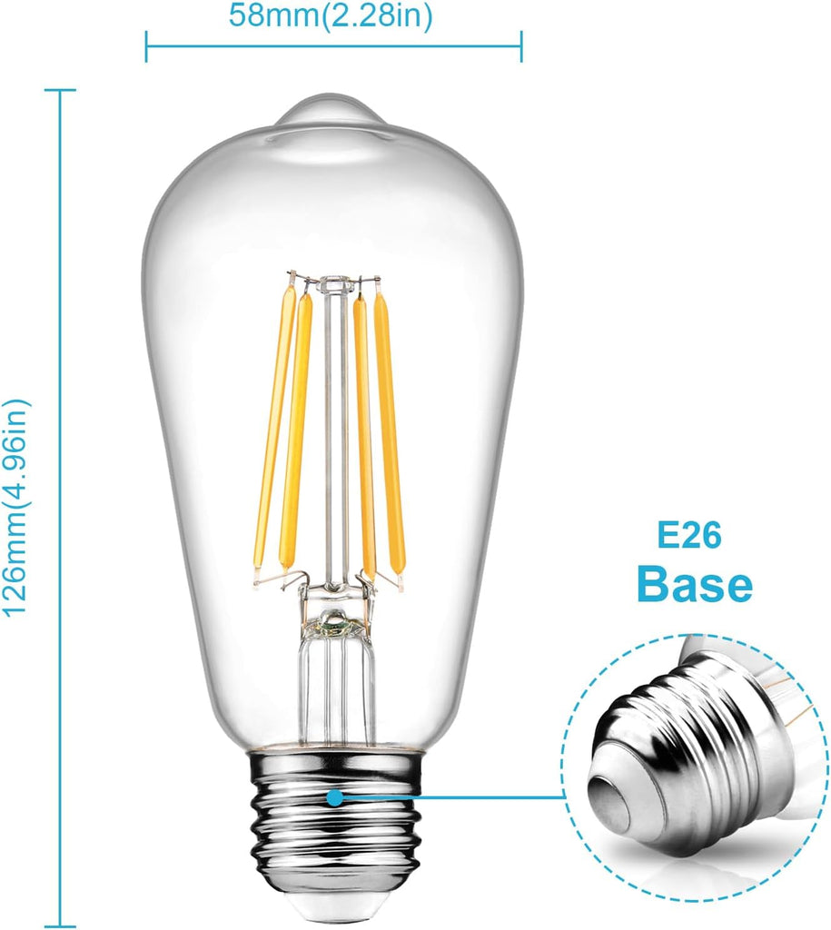 Dimmable Vintage LED Edison Bulbs, 6W, Equivalent 60W, 700lm, Warm White 2700K, 80+ CRI, ST58 Antique LED Filament (Pack Of 6)
