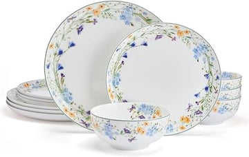 Quinn Lightweight Bone China 12 Piece Dinnerware Plate Bowl Set, Service for 4
