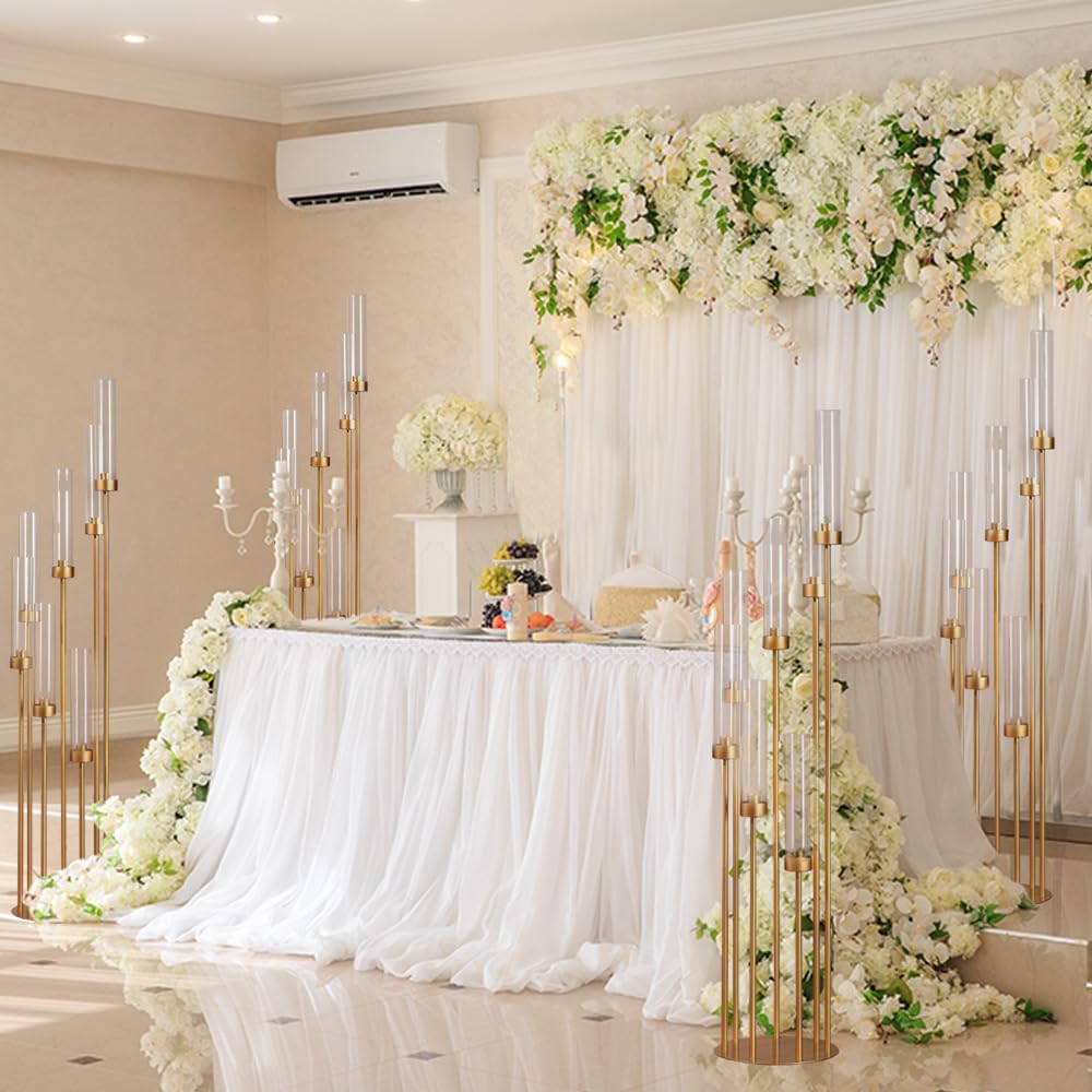 4Sets Floor Candelabra Tall 7 Arm Centerpieces, 48" Tall Metal Candlestick Holders with Acrylic Lampshade candelabros