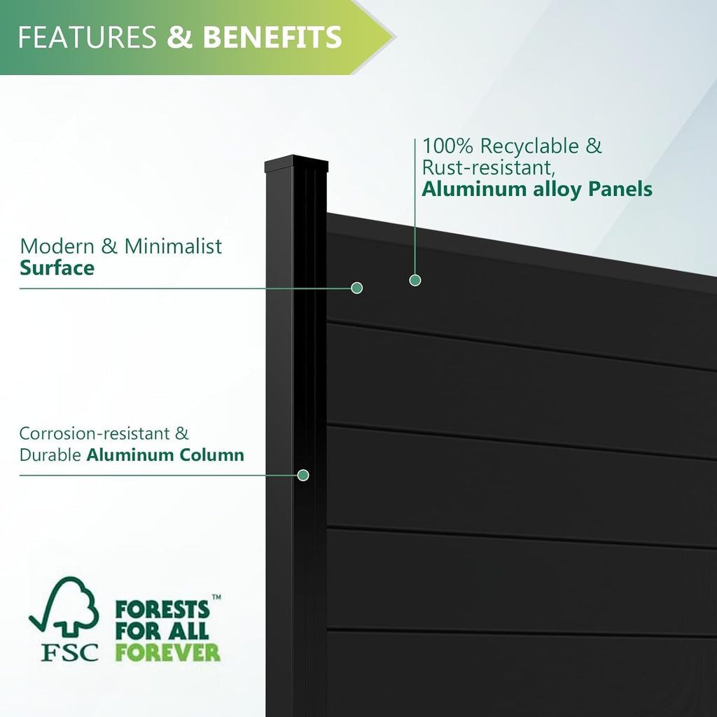 Aluminum Privacy Fence Panels for Outside, 6ft(W) x 7.6ft(H) Decorative Fence with 2 In-ground Posts, Wind Resistant