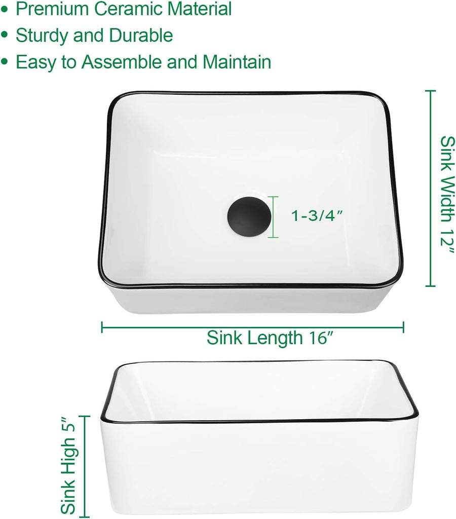 Ceramic Rectangular Bathroom Vessel Sink, 16'' x 12'' Above Counter Porcelain Small Sink with Faucet Combo, White Body with Black Trim