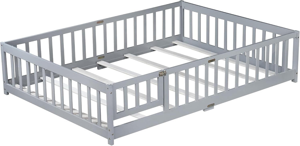 Full Size Montessori Floor Bed with Slats, Door and Guardrails, Gary | Low Profile Montessori Bed with Fence, Easy