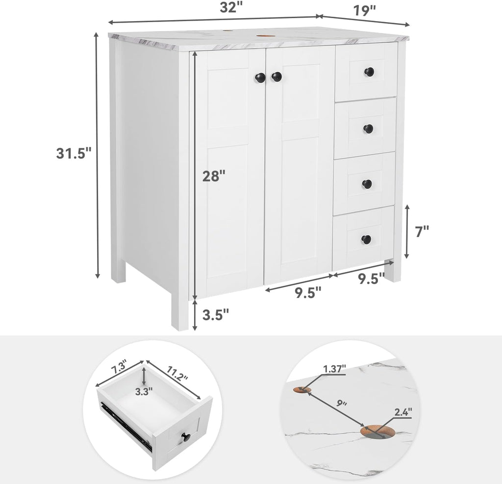 32" White Bathroom Vanity with Marble Top & 4 Drawers - Modern Freestanding Vanity Cabinet