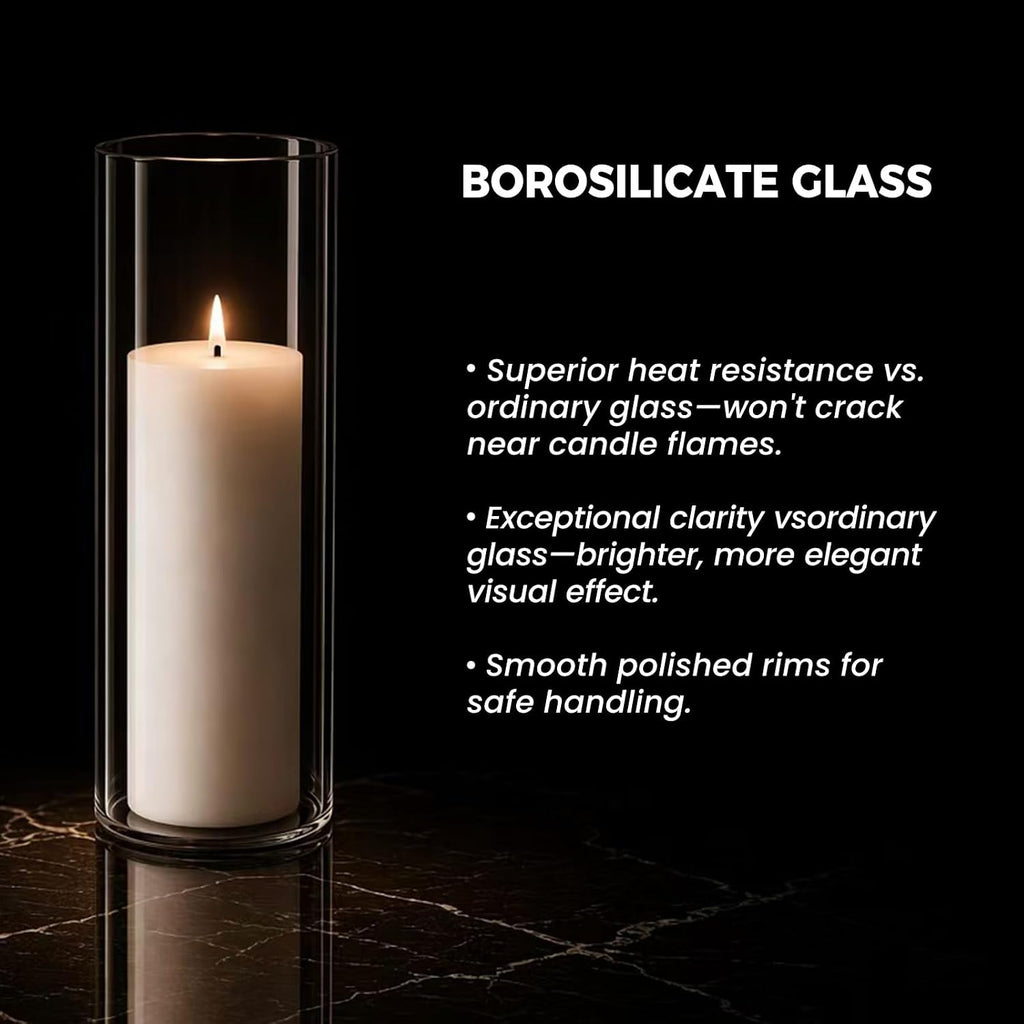 24-Pc White Pillar Candles & Clear Hurricane Glass Candle Holders, 3 Sizes | 12 dripless candles + 12 clear
