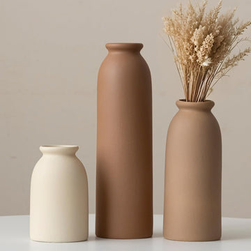10.4 inches Tall Decorative Ceramic Vase Set, 3 Pieces, Nordic Modern Boho Style, White, Modern Farmhouse