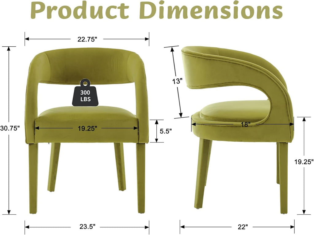 Modern Barrel Dining Chairs Set of 2, Green Velvet Upholstered Dining Room Chairs Open Back Kitchen Chairs Accent Side
