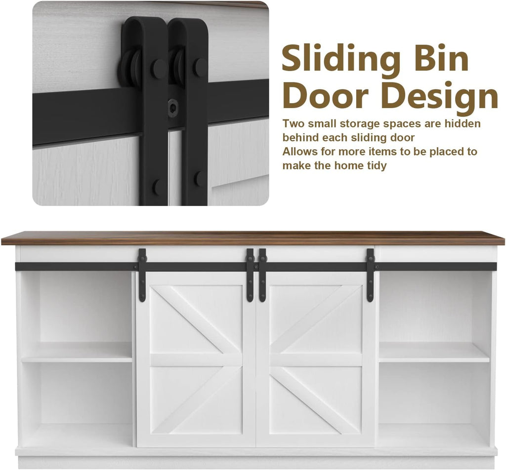 TV Stand for 65 Inch TV, Sliding Barn Doors, Bright White | Farmhouse Entertainment Center, Storage Cabinets