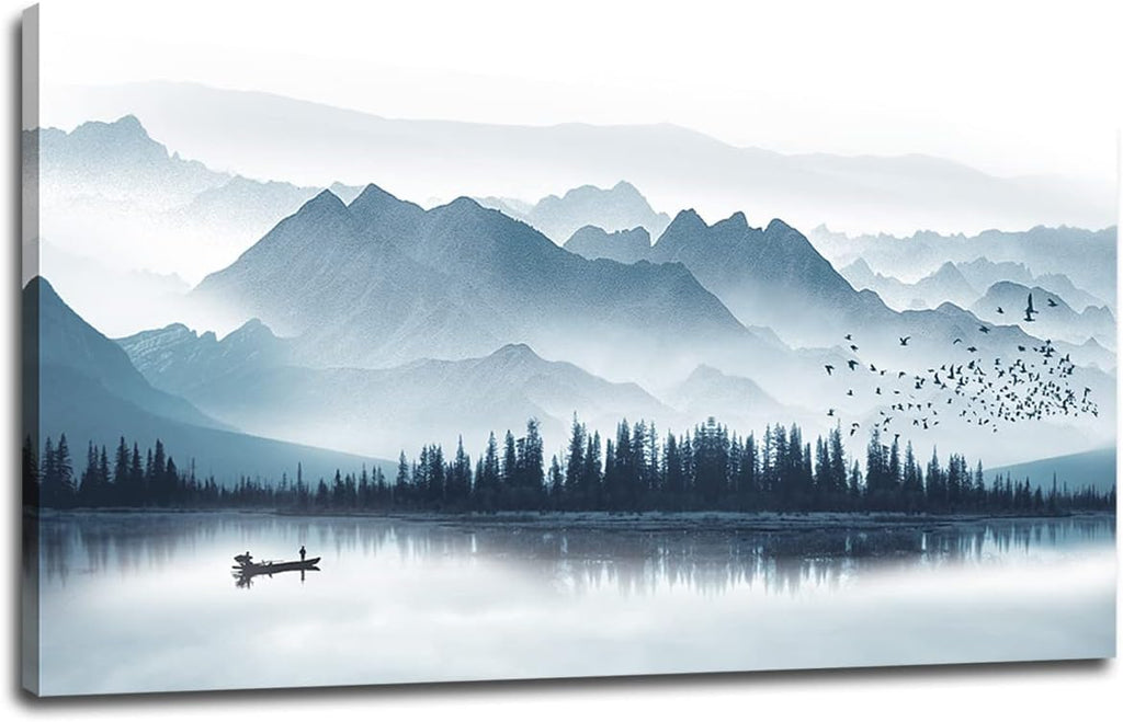 Indigo Canvas Wall Art Misty Mountain Wall Pictures Foggy Lake Boat Painting Print Blue Forest Birds Artwork Wall