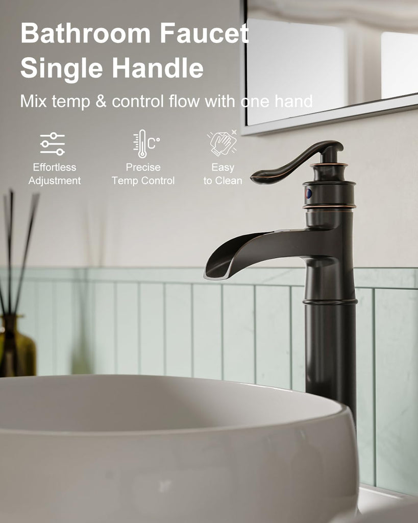 Waterfall Spout Oil Rubbed Bronze Bathroom Faucet Single Handle One Hole Vessel Sink Faucet ORB Lavatory Faucets Deck