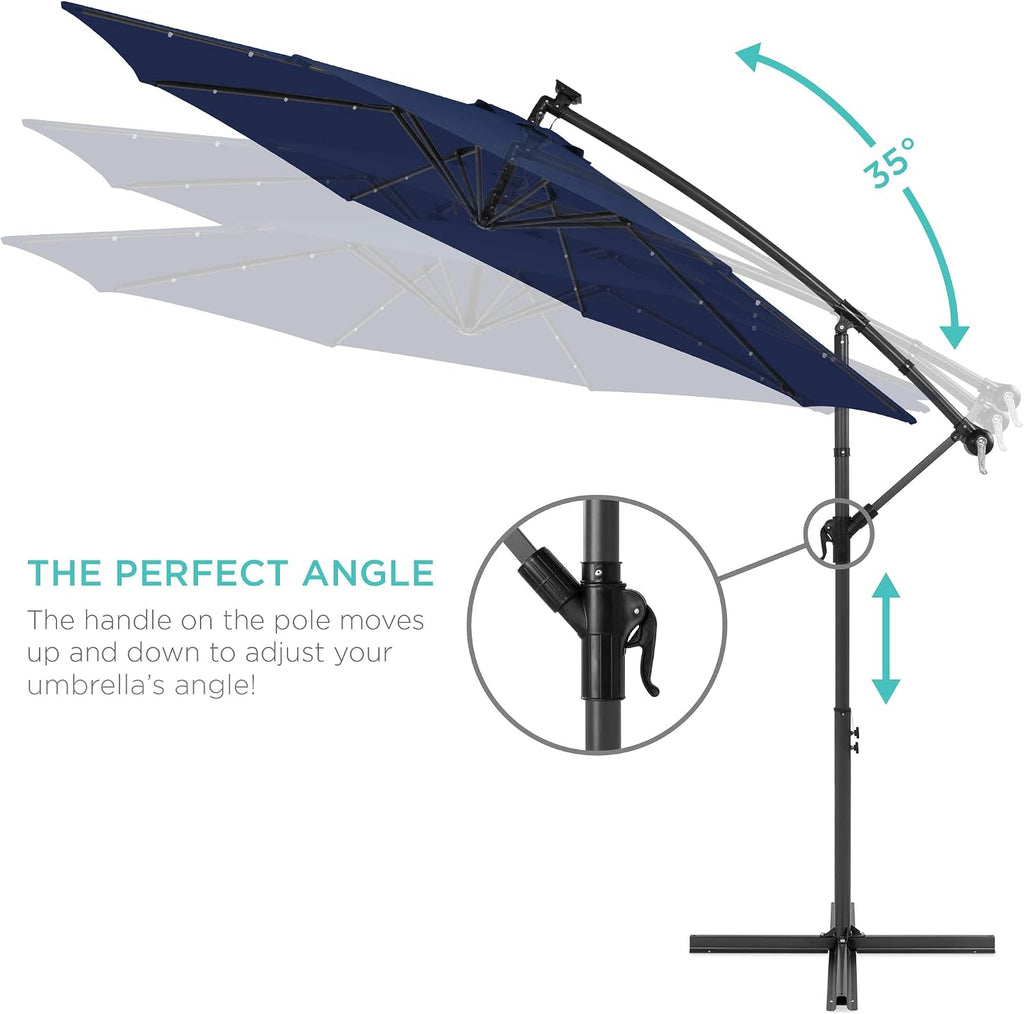 10ft Solar LED Offset Cantilever Hanging Market Patio Umbrella, 8 Sturdy Ribs, Easy Adjustment - Navy Blue