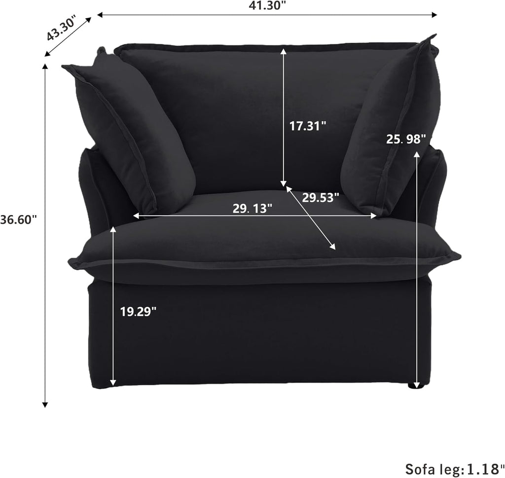 Modern Comfy Couch Chair with Thick Cushion, Couch Single Accent Chair Deep Seat Sofa Couches, Hemp Velvet Sofas Furniture for Small Spaces Living Room Bedroom Office Apartment (Black)