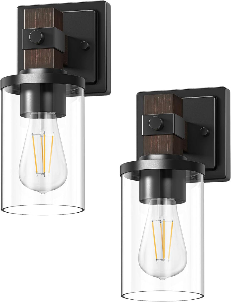 Wall Sconces Set of 2, Farmhouse Vanity Light Fixtures with Clear Glass Shade & Dark Brown Wood Grain Paint, 1-Light