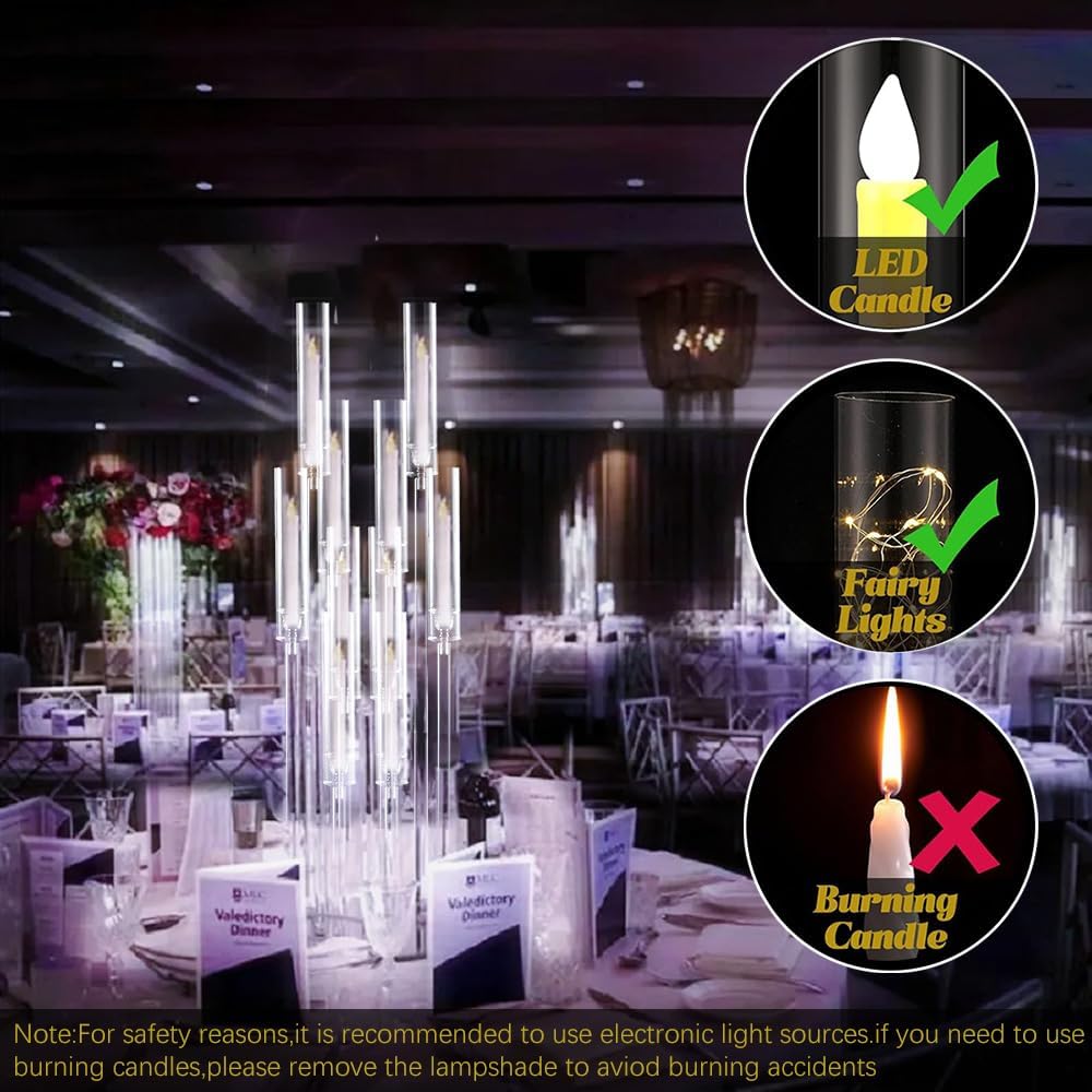 10 Arm Acrylic Candelabra Centerpieces, Floor Clear Tall Candlesticks Holder with Removable Lampshade, Fit 0.82" LED
