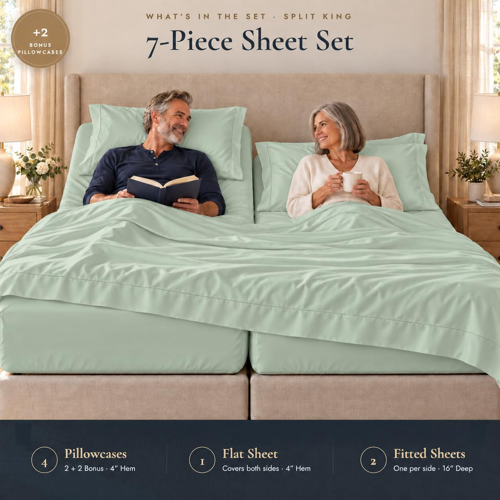 Split King Sheets for Adjustable Bed, 7Pc Egyptian Cotton Bed Sheets, Sage