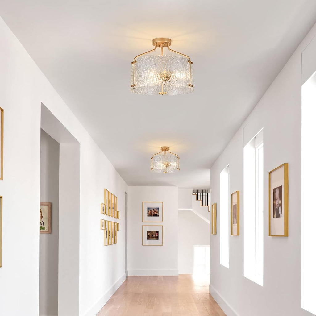 Semi Flush Mount Ceiling Light Fixture Glass Drum Chandelier Entryway Light Fixture 16''Gold Flush Mount Ceiling