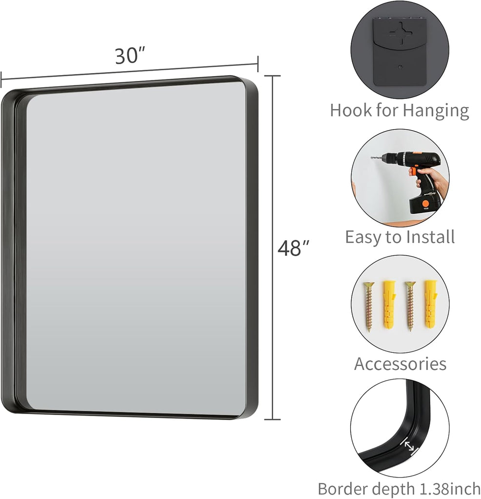 Black Wall Mirror , 30x48 Inch Matte Deep Framed Rounded Rectangle Vanity Mirror for Farmhouse Living Room, Tempered