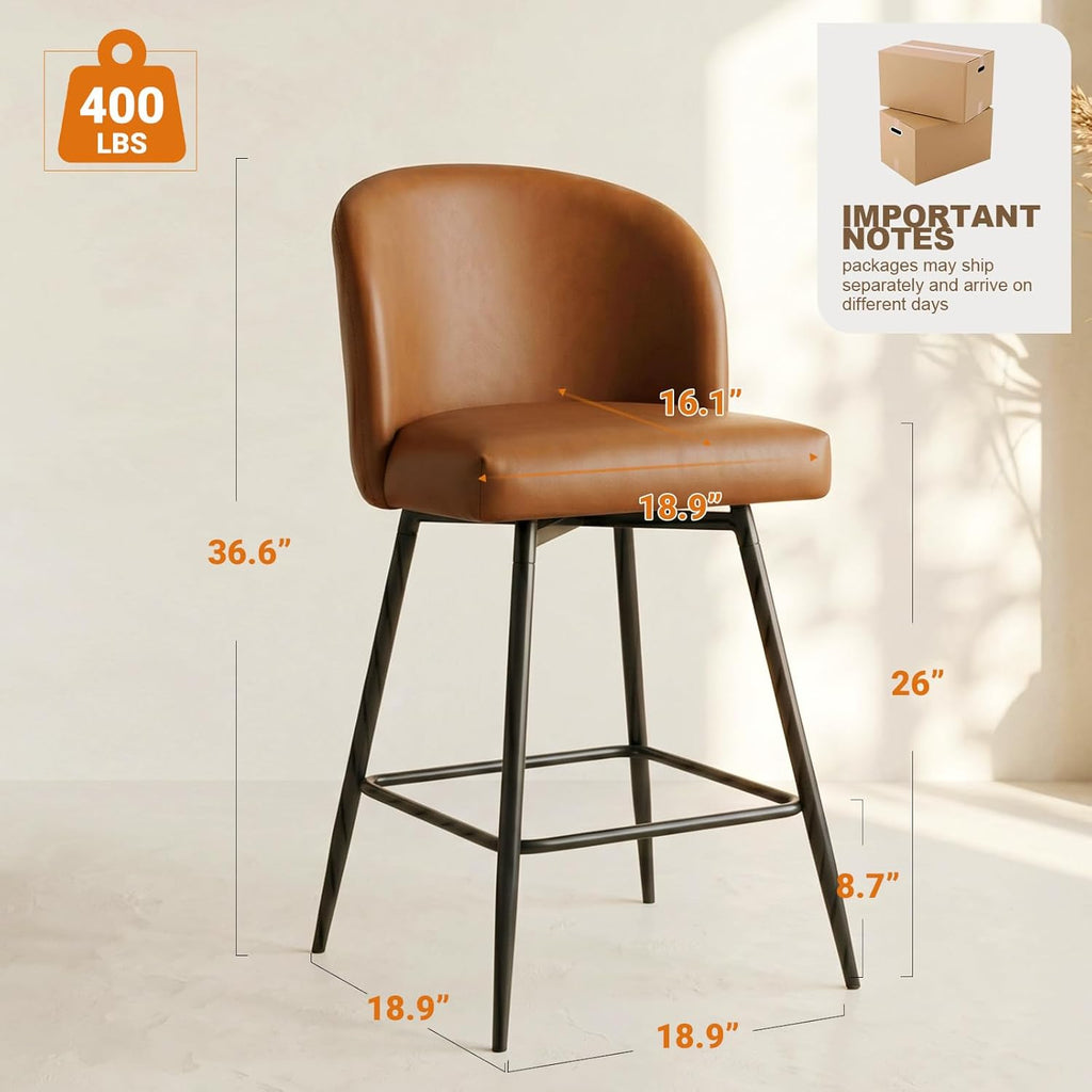 Counter Height Bar Stools Set of 2, 360° Swivel Upholstered Barstools with Backs and Metal Legs, 26" H Seat Height