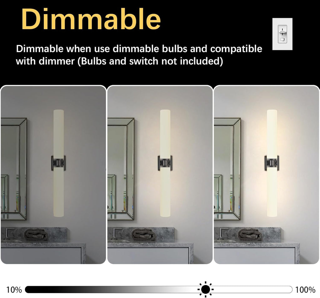 Black Wall Sconces Set of Two, Modern Bathroom Sconce with Frosted Glass, Hardwired Wall Light Fixtures for Bathroom