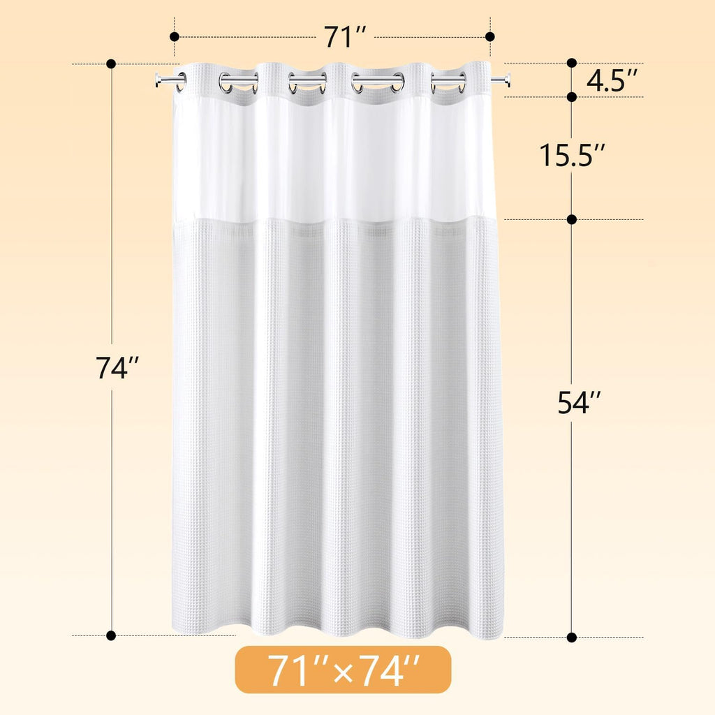 White Cotton Blend Fabric Shower Curtain Set with Liner, 71x74 | Waffle Weave, No Hook Needed, with Snap in