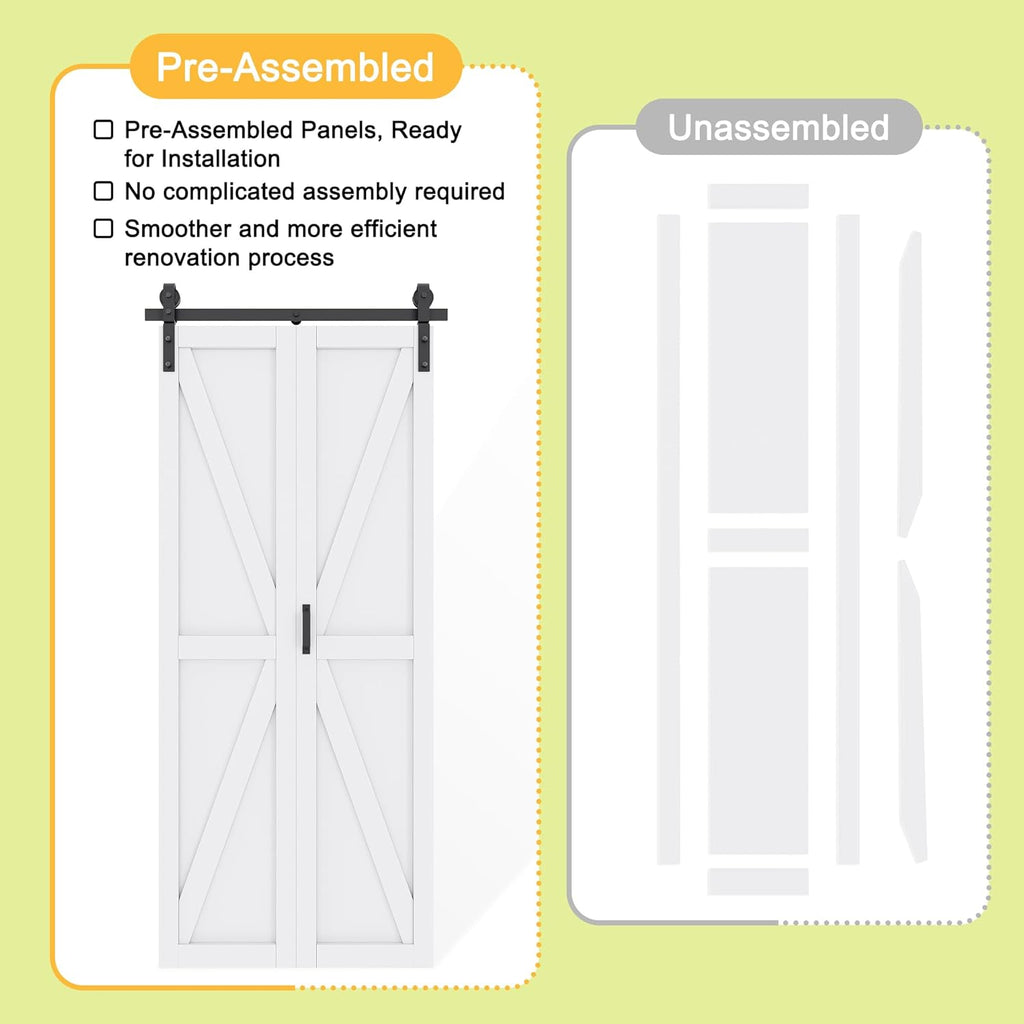 72" x 84" Pre-Assembled Solid Core Panels Bifold Barn Door, White Primed Finish Folding Barn Door wi
