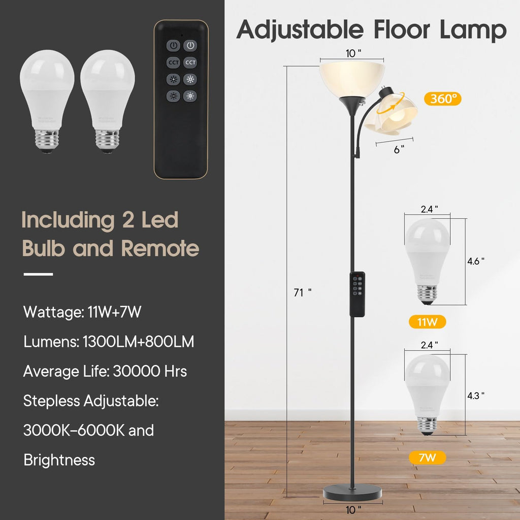 Torchiere Floor Lamp with Remote Control and Adjustable Reading Light