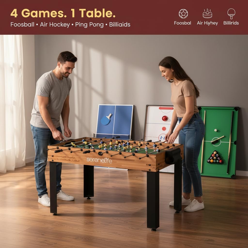 Multi Game Table, 48” Sports Arcade Games with Accessories, Ping Pong, Hockey, Pool Billiards, Soccer Foosball All in One, for Indoor and Outdoor, Family, Kids and Adults