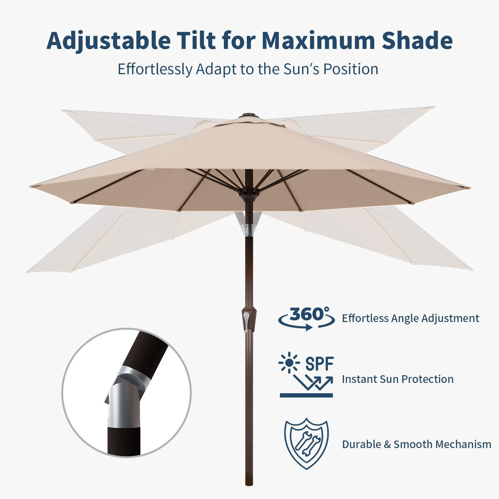 10FT Patio Umbrella Outdoor Market Umbrella with Crank and Tilt, 8 Flexible Fiberglass Ribs