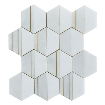 White Marble & Brass Hexagon Mosaic Tile, Polished Natural Stone & Metal Backsplash , Shower Wall & Floor, 14.75" x