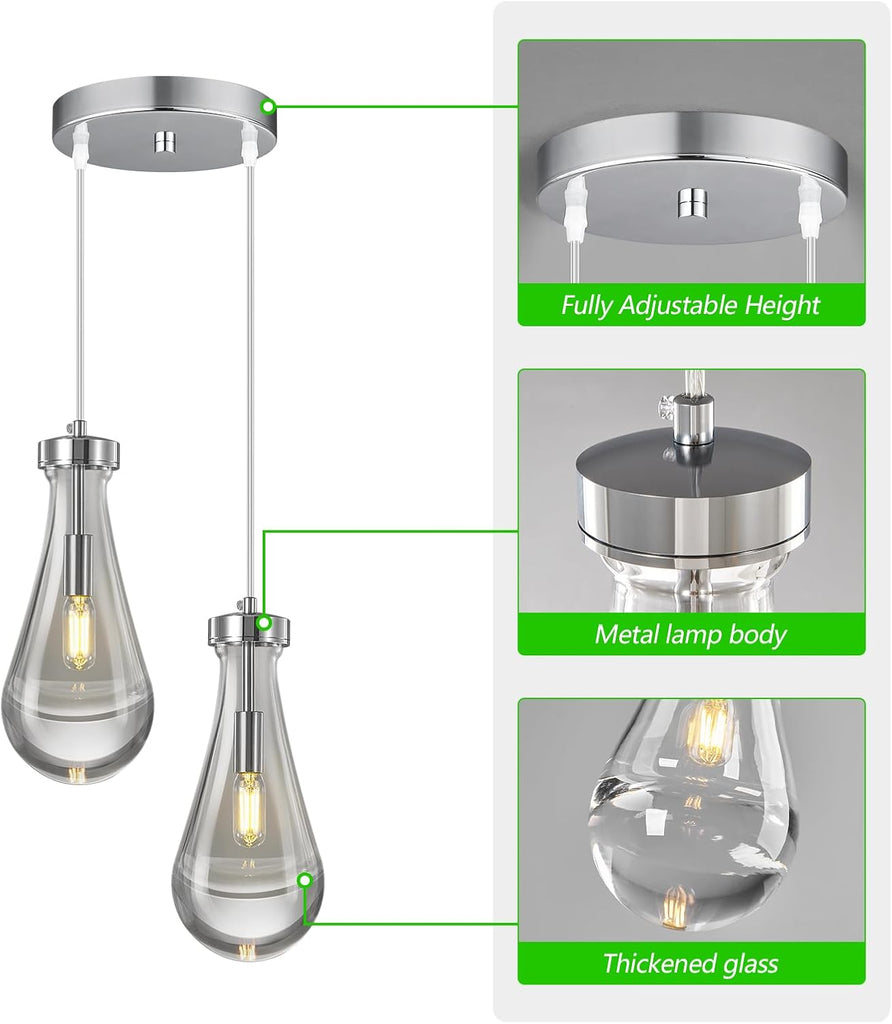 Raindrop Pendant Lights Kitchen Island Teardrop Chrome Hanging Light Fixtures Clear Solid Glass Pendant Light Modern Chandeliers for Dining Room Porch Corridor Living Room (2-Light)