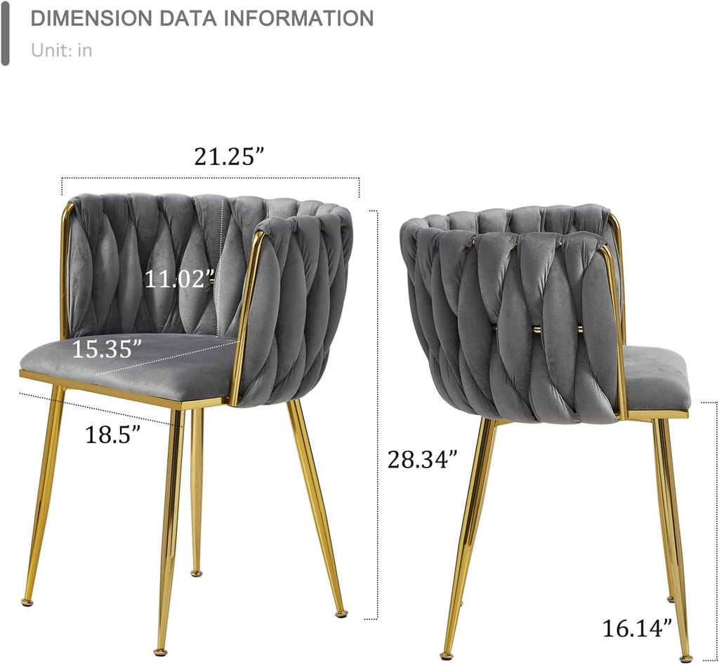 Velvet Dining Chairs Set of 6 with Golden Metal Legs and Woven Backrest - Grey
