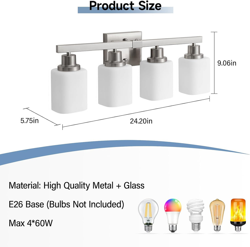4-Light Bathroom Vanity Light,Brushed Nickel Vanity Lights with Square Frosted Glass,Modern Bathroom Wall Lights