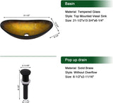 Sarlai Boat Shape Bathroom Vessel Sink with Black Faucet and Pop-up Drain Set 21x14 Inch Modern Artistic Tempered