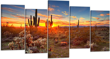 Natural Landscape Paintings Wall Art Sunset with Saguaros in Sonoran Desert 5 Pieces Picture Print on Canvas for