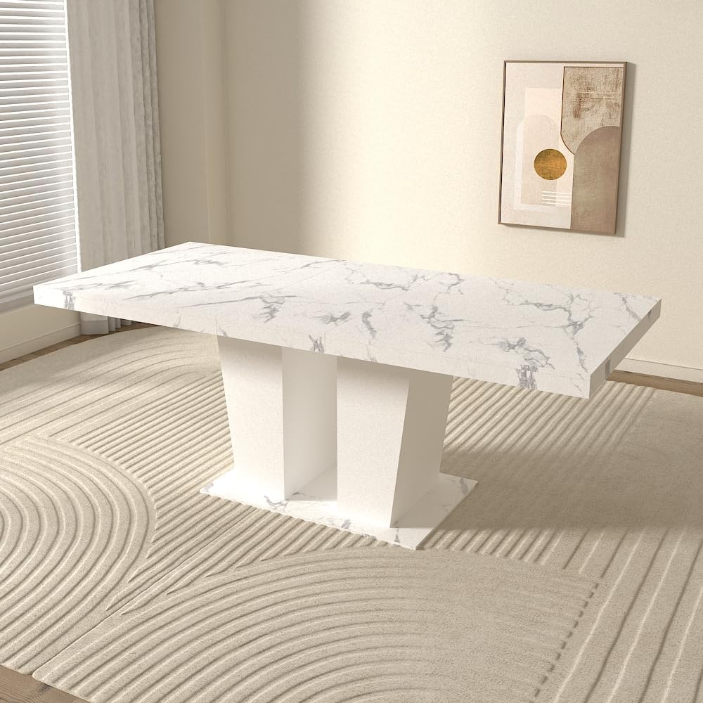 Extendable Dining Room Table for 6-10 Person, Modern Large Rectangular Kitchen Tables w/Dual Column Pedestal Base for Kitchen Living Room, White Marble
