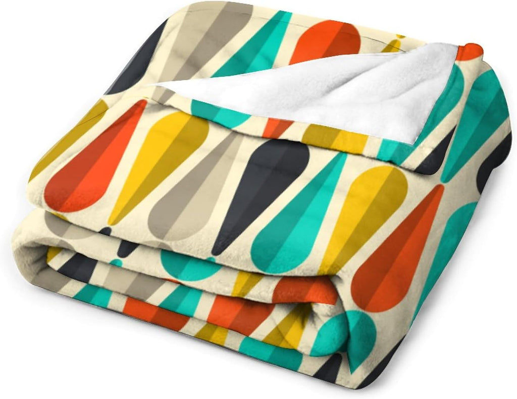 Mid Century Throw Blanket, Modern Drop Shape Retro Colors Boho Orange Teal Black Geometric Pattern Throws Blankets