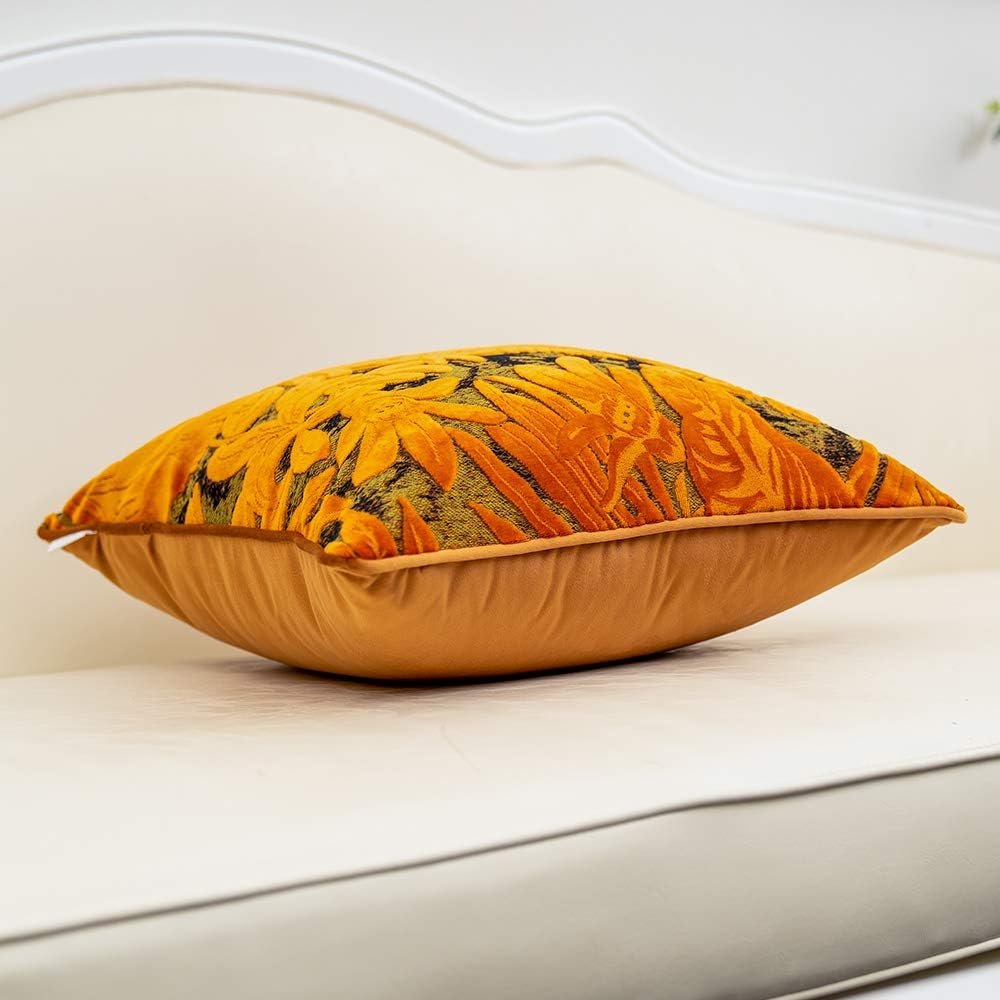 18 x 18 Inch Orange Square Maple Leaf Pillow Embroidery Cut Velvet Cushion Case Luxury Modern Lumbar Throw Pillow