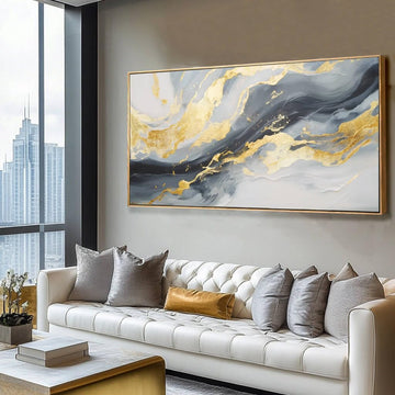 Framed Canvas Pictures Gold Wall Art Abstract Wall Art Blue Decor Metal Arts Large Prints Picture 24"x48" Artwork