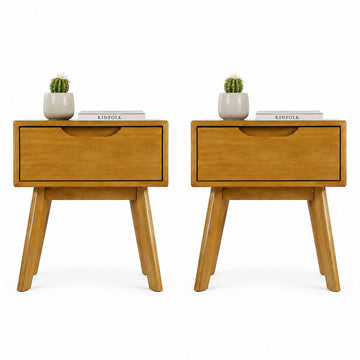 Scandinavian Nightstand Set of 2 - Pine Wood with Drawer