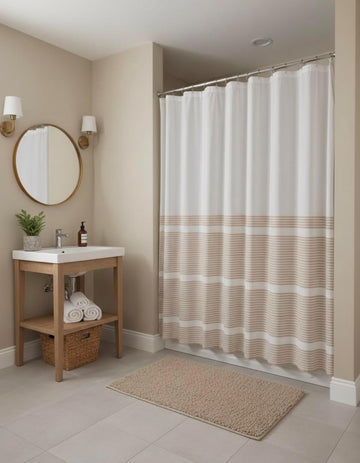 Nautical Striped Beige & White Cotton Bathroom Shower Curtain, 70x72 | Luxury Hotel Style Fabric with Detailed