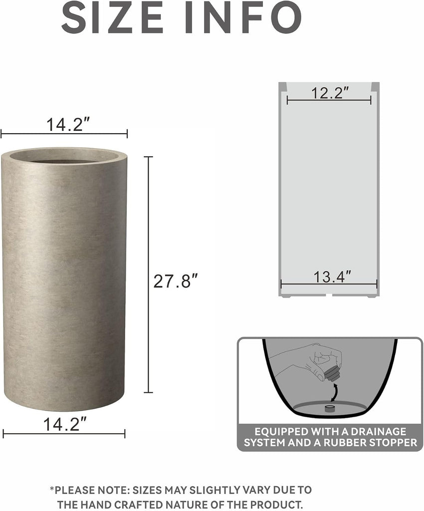 Large Round Column Weathered Concrete Planter 27.8" Tall, Outdoor | Rubber Plug for Indoor, Drainage for Garden